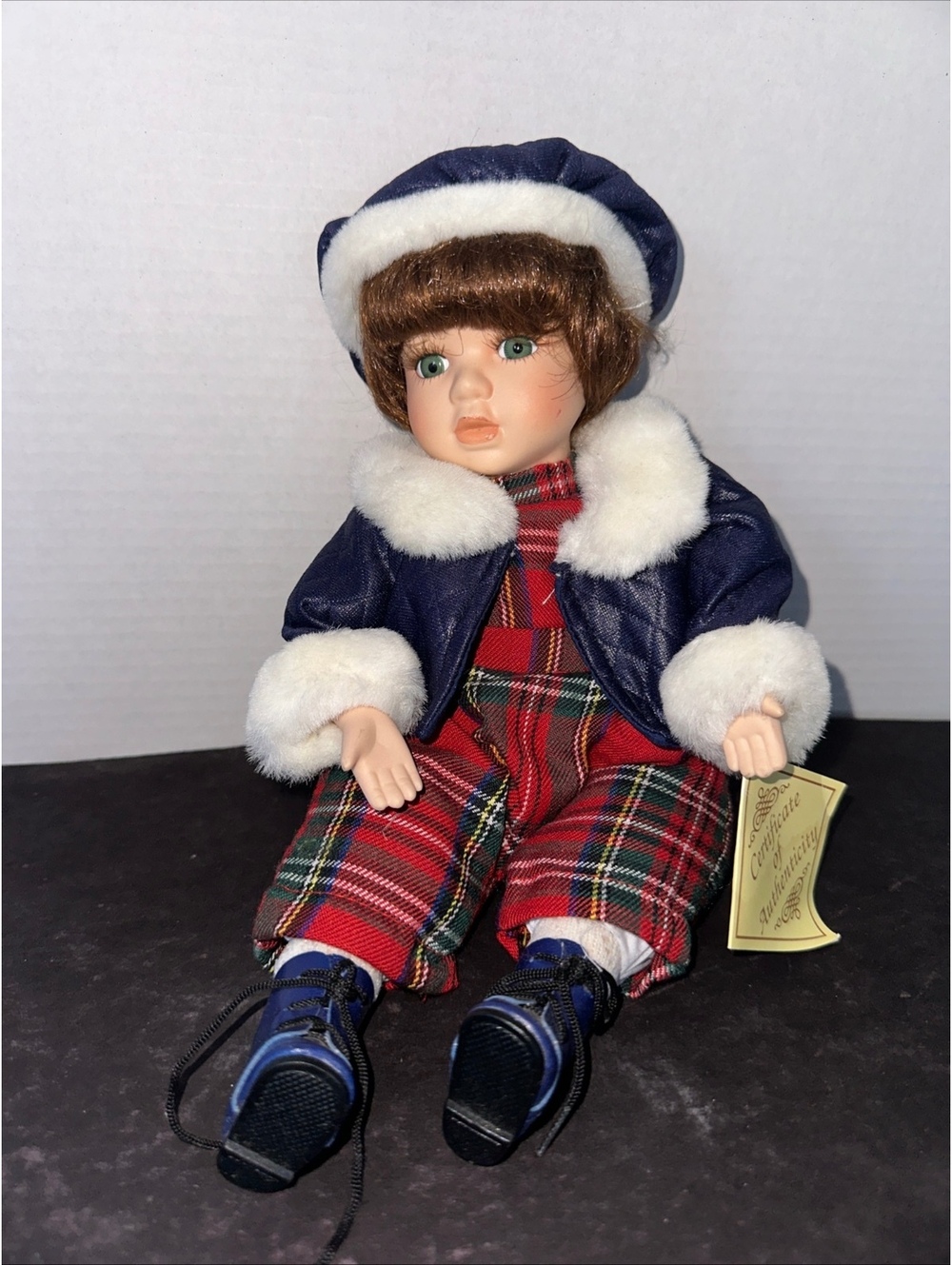 Vintage Porcelain Wind-Up Doll Red Plaid Outfit Blue Coat COA 9”